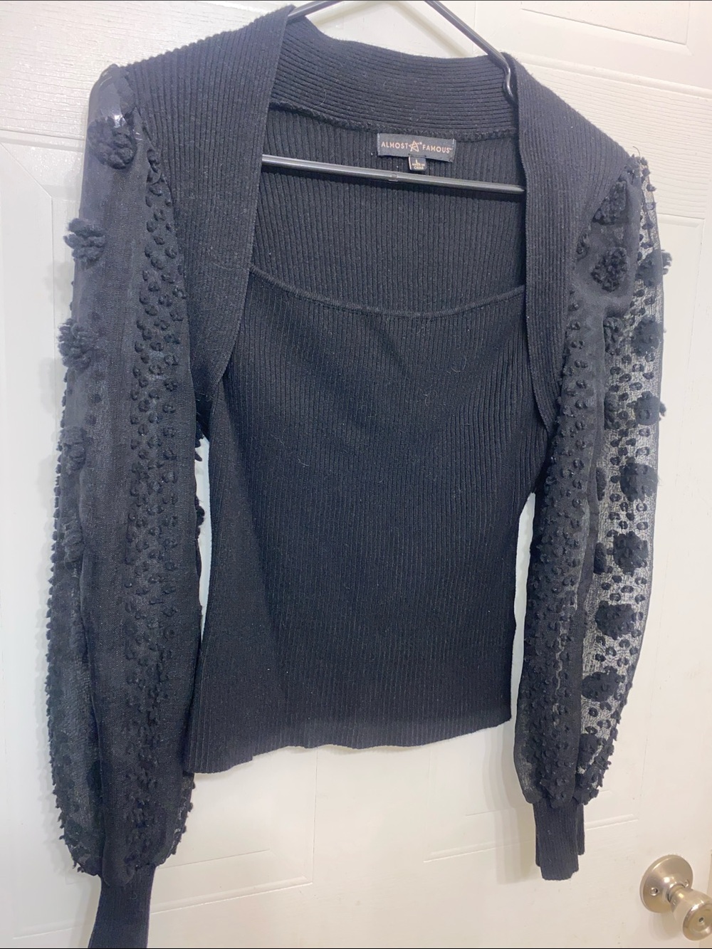 Almost Famous Black Ribbed Body Sweater with Pom-Pom Textured Sleeves